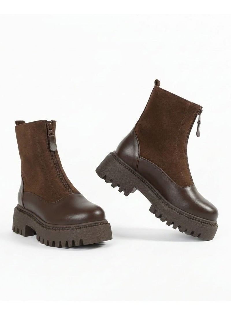 لايف ستيلاش  حذاء كاحل من الجلد و الشمواه مع سوسته أنيق E-104 -بني - Image 2